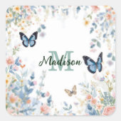 elegante groene wilde bloem Boho monogram in bloei Vierkante Sticker (Voorkant)