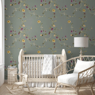 Elegante Groene Wildflowers Floral Waterverf Behang