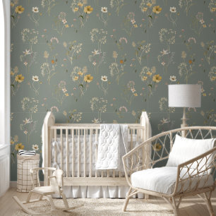 Elegante Groene Wildflowers Floral Waterverf Behang