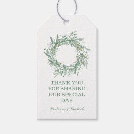 Elegante groene winter botanische krans bruiloft cadeaulabel