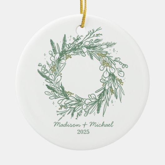 Elegante groene winter botanische krans bruiloft keramisch ornament (Voorkant)