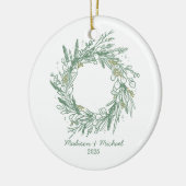 Elegante groene winter botanische krans bruiloft keramisch ornament (Links)