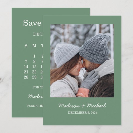 Elegante groene winter botanische krans bruiloft save the date (Voorkant / Achterkant)