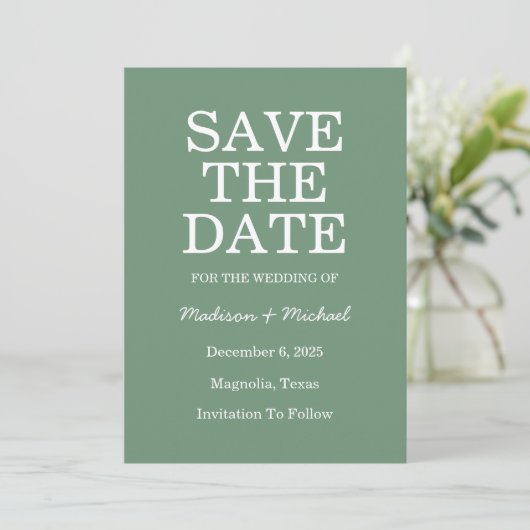 Elegante groene winter bruiloft save the date (Staand voorkant)