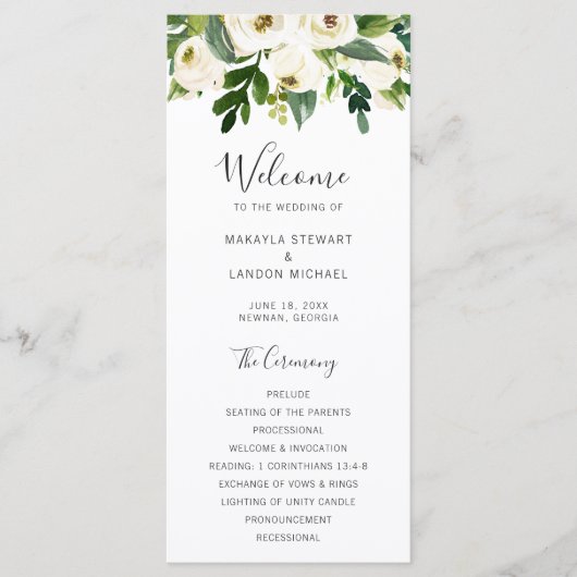 Elegante groene witte bloemen bruiloft programmakaart (Voorkant)