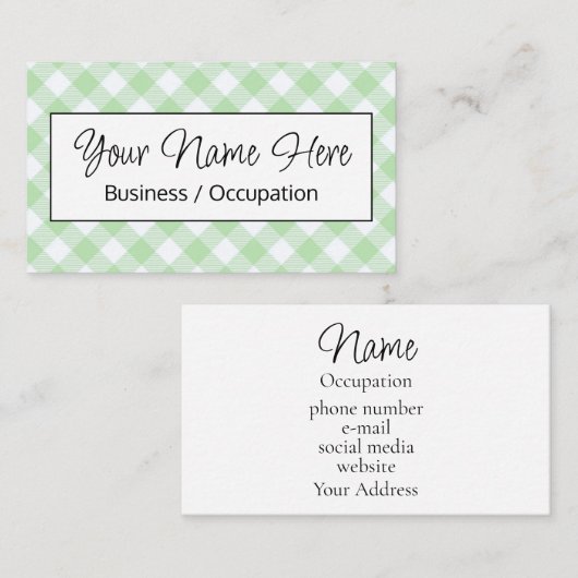 Elegante groene witte gingham checker visitekaartje (Voorkant / Achterkant)