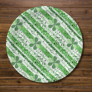 Elegante groene witte strepen Klaver Glitter Papieren Bordje