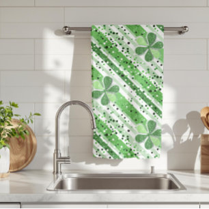 Elegante groene witte strepen Klaver Glitter Theedoek
