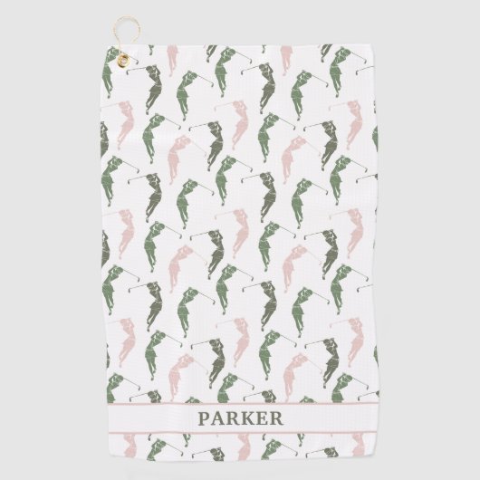 Elegante Groene Witte Vrouw Golfer Monogrammed Golfhanddoek (Voorkant)