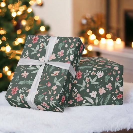 Elegante groene Zachte Waterverf Bloemen Kerst Cadeaupapier