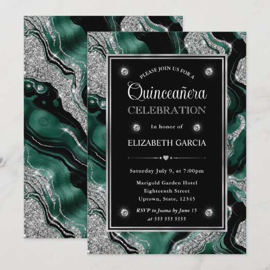 Elegante groene & zilveren glitter Agaat Quinceane Kaart (Voorkant / Achterkant)