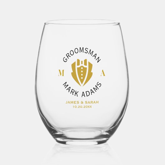 Elegante Groomsmen Beste Man Gift Tuxedo Monogram Wijnglas Zonder Voet (Voorkant)