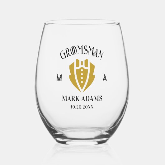 Elegante Groomsmen Gift Tuxedo Custom Monogram Wijnglas Zonder Voet (Voorkant)