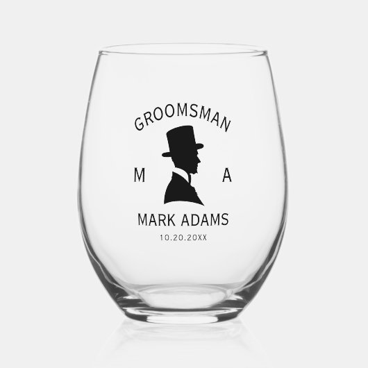 Elegante Groomsmen Man Pet Puit  Monogram Wijnglas Zonder Voet (Voorkant)