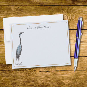 Elegante Grote Blauwe Reiger Handgetekende Vintage Notitiekaartje