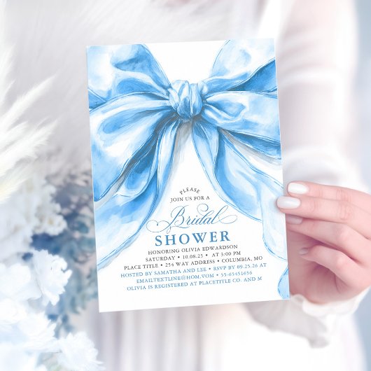 Elegante grote stoffige blauwe strik bruidsbeurt kaart