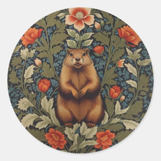 Elegante Groundhog William Morris Geïnspireerd Ronde Sticker (Voorkant)