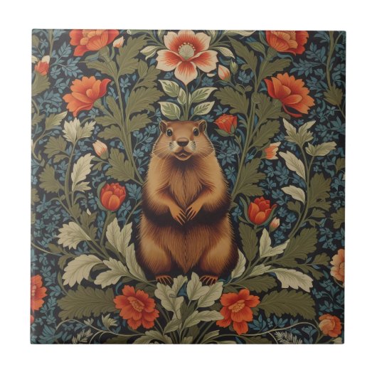 Elegante Groundhog William Morris Geïnspireerd Tegeltje (Voorkant)