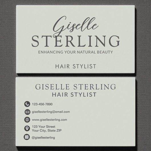 Elegante haarstylist Sage Green Modern Script Visitekaartje