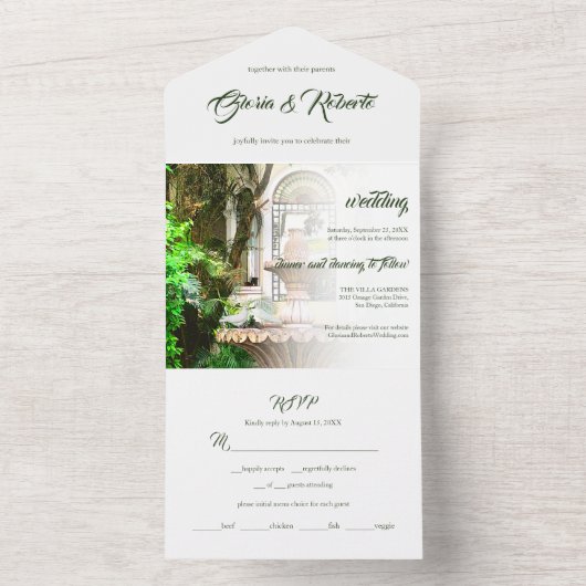 Elegante hacienda & witte duiven Mexicaanse bruilo All In One Uitnodiging (Binnen)