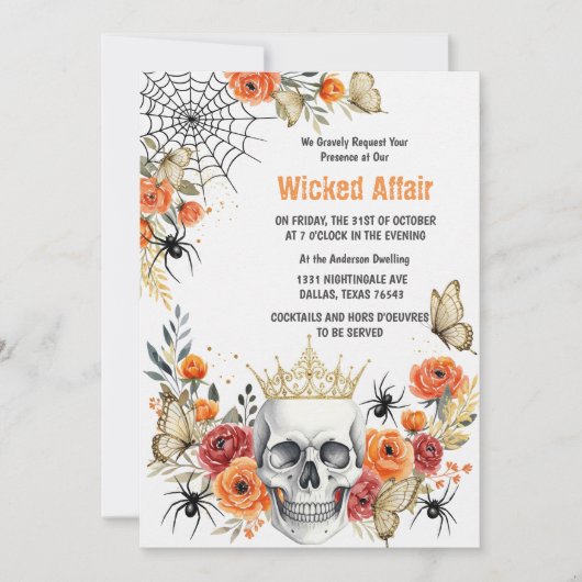 Elegante Halloween Invitation Kaart | Schedel, kro (Voorkant)