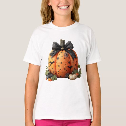 Elegante Halloween pompoen met zwarte strik T-shirt (Voorkant)