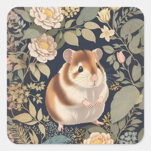 Elegante hamster William Morris Geïnspireerd Bloem Vierkante Sticker (Voorkant)