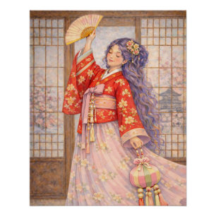 Elegante Hanbok met waaier Perfect Poster