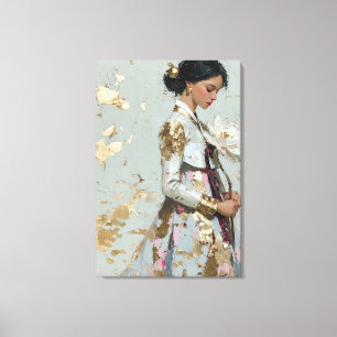 Elegante Hanbok van goud folie en witte lotus op c Canvas Afdruk