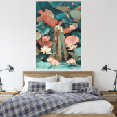 Elegante Hanbok-vrouw in roze lotustuin Canvas Afdruk (Insitu (Slaapkamer))