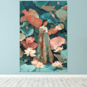Elegante Hanbok-vrouw in roze lotustuin Canvas Afdruk (Insitu (Houten vloer))