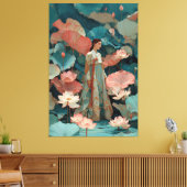 Elegante Hanbok-vrouw in roze lotustuin Canvas Afdruk (Insitu (Woonkamer))