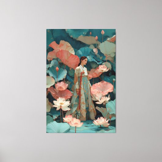 Elegante Hanbok-vrouw in roze lotustuin Canvas Afdruk (Voorkant)