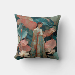 Elegante Hanbok-vrouw in roze lotustuin Kussen