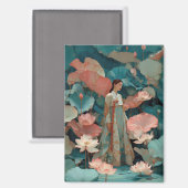 Elegante Hanbok-vrouw in roze lotustuin Magneet (Voorkant / Achterkant)