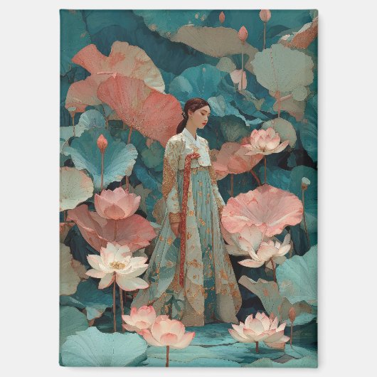 Elegante Hanbok-vrouw in roze lotustuin Magneet (Voorkant)