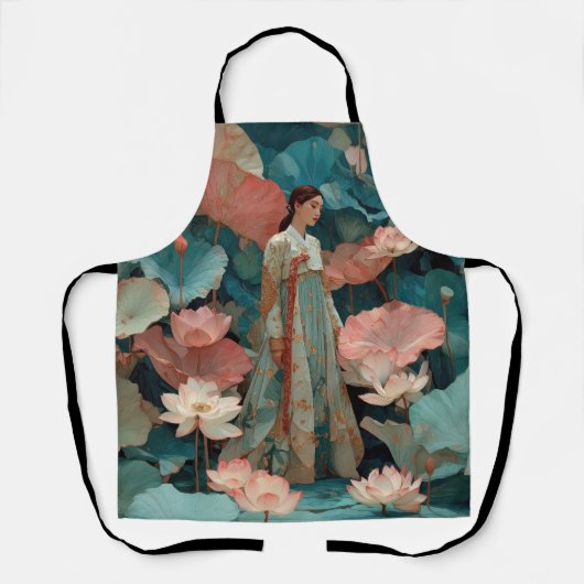 Elegante Hanbok-vrouw in roze lotustuin Schort (Voorkant)