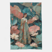 Elegante Hanbok-vrouw in roze lotustuin Theedoek (Verticaal)