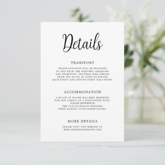 Elegante hand belettering zwart wit bruiloft detai informatiekaartje (Staand voorkant)