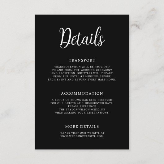 Elegante hand belettering zwart wit bruiloft detai informatiekaartje (Voorkant)