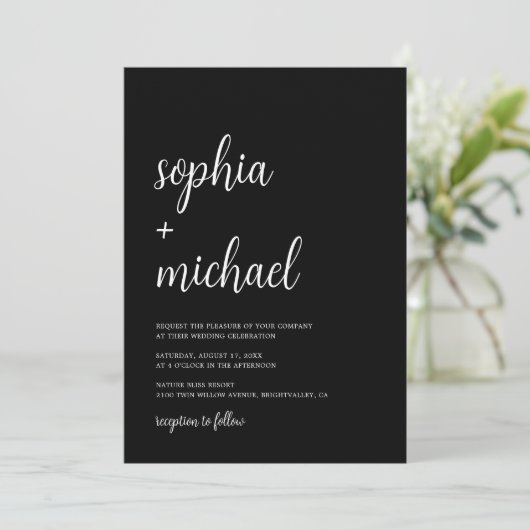 Elegante hand belettering zwart wit bruiloft kaart (Staand voorkant)