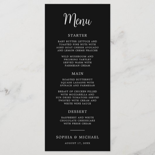 Elegante hand belettering zwart wit bruiloft menu (Voorkant)