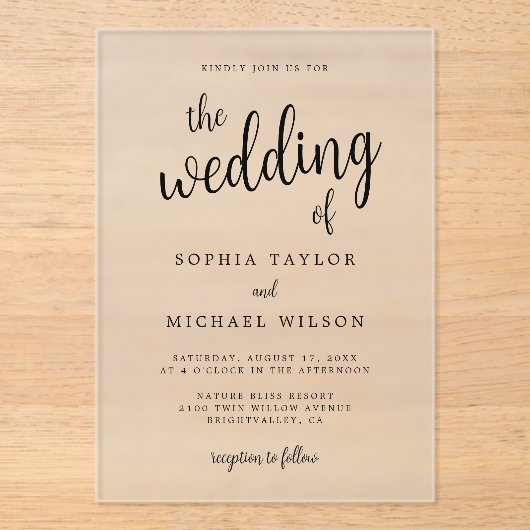 Elegante hand belettering zwarte bruiloft acryl uitnodigingen (Voorkant)