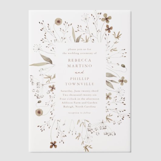 Elegante hand geschilderde Wildflower bruiloft Vellum Uitnodigingen (Voorkant)