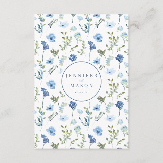 Elegante hand getekende blauwe bloemenbruiloft men informatiekaartje (Achterkant)