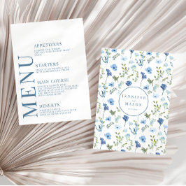 Elegante hand getekende blauwe bloemenbruiloft men informatiekaartje