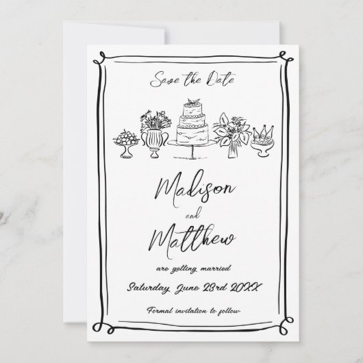 Elegante hand getekende illustraties Doodles bruil Save The Date (Voorkant)