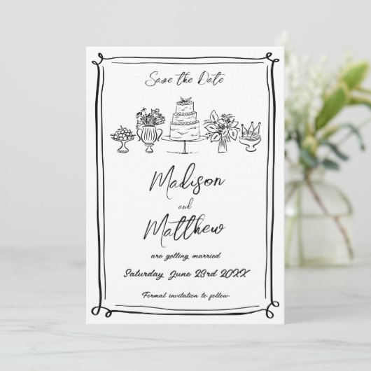 Elegante hand getekende illustraties Doodles bruil Save The Date (Staand voorkant)