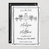 Elegante hand getekende illustraties Doodles bruil Save The Date (Voorkant / Achterkant)