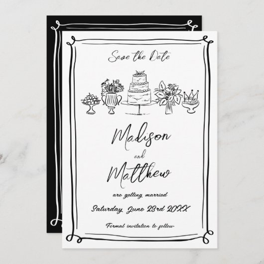 Elegante hand getekende illustraties Doodles bruil Save The Date (Voorkant / Achterkant)